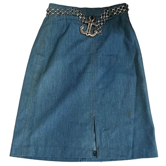 Ecco Bay Women Classic Blue Mid Rise Jean Skirt with Belt sz 9/10 - Picture 2 of 6